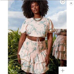 ELOQUII Tiered Floral Mini Skirt With Smocking A Fine Romance Size 18